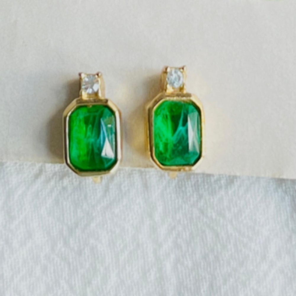 Christian Dior Vintage 1980 Gripoix Emerald Clear Crystal Octagon Clip Earrings
